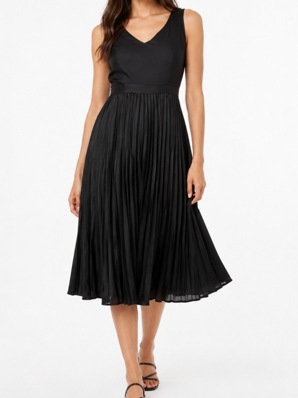 Banana Republic Black Pleated Midi Dress Sleeveless V-Neck Elegant Classic Size8